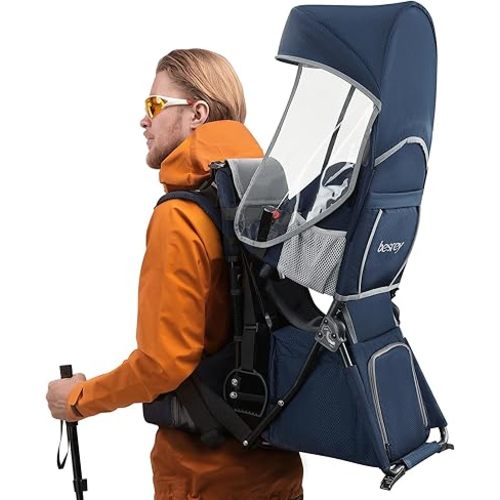 besrey Baby Backpack Carrier, Toddler Hiking Backpack with Safety 3-Height Seat, Adjustable Straps&Waist Belt, Foldable Frame Lightweight Large Capacity Child Carrier for Hiking (Blue/Grey)