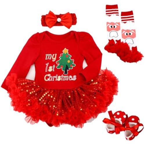 Kunyeah Baby Girls First Christmas Outfit Newborn Romper Tutu Dress Infant Sequin Xmas Skirt with Shoes Headband Leg Warmer