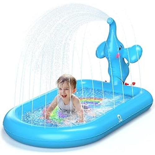 QPAU Splash Pads for Toddlers 1-3, Blue Elephant Toy Splash Pad for Kids, Outdoor Play Mat for Babies, Inflatable Sprinkler Pool for Birthday Girl Gifts 1 Year Old Girl