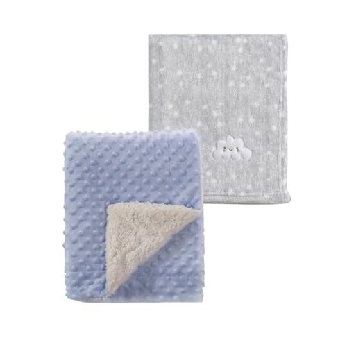CREVENT 2Pcs 30''X40'' Cute Cozy Fluffy Warm Baby Blankets for Infants Toddlers' Bedding Crib Cot Stroller - Grey Cloud + Blue Sherpa