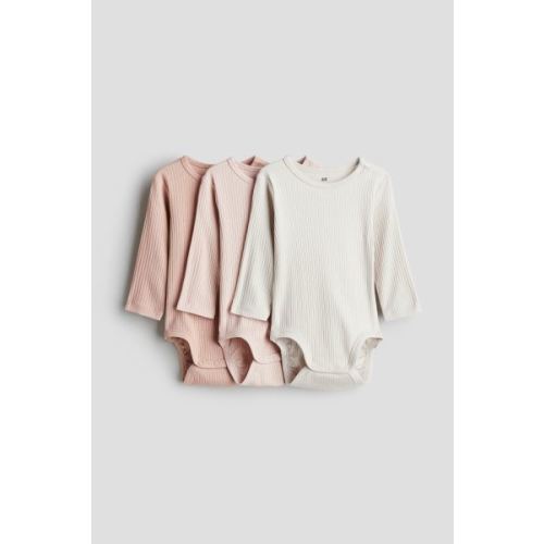 3-pack Ribbed Bodysuits, Round Neck, Long sleeve, Powder pink/natural white