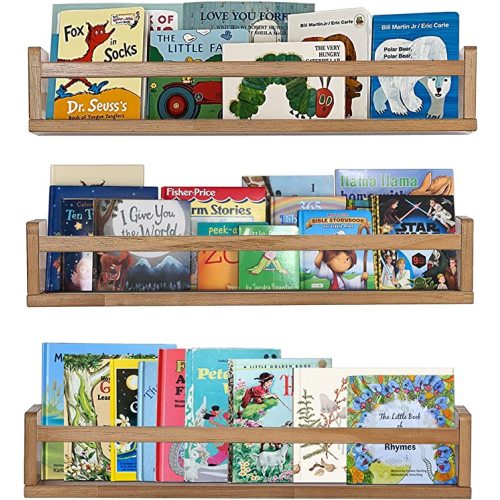 Nursery Shelves Light Walnut Floating Book Shelf Organizer for Baby Nursery Décor Wall Book Shelves for Kids Room 24 Inch Wood Wall Ledge Shelves for Bathroom Kitchen Spice Rack a Set of 3