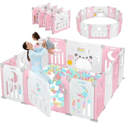 Baby Playpen, Dripex Baby Playard for Babies and Toddlers, 14-Panel Foldable Playpen Adjustable Portable Play Area, Indoor/Outdoor Kids Active Center with Game Panel & Safety Gate, Pink White