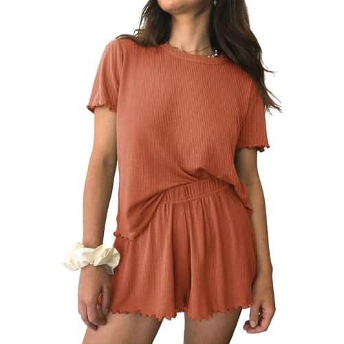 Ekouaer Womens Pajamas 2 Piece Ribbed Knit Pjs Short Sleeve Sleepwear Set Summer Soft Pajamas Set Casual Lounge Sets