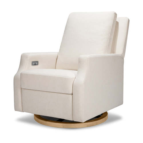 Crewe Electronic Recliner & Swivel Glider Blue Gingham with Light Wood Base