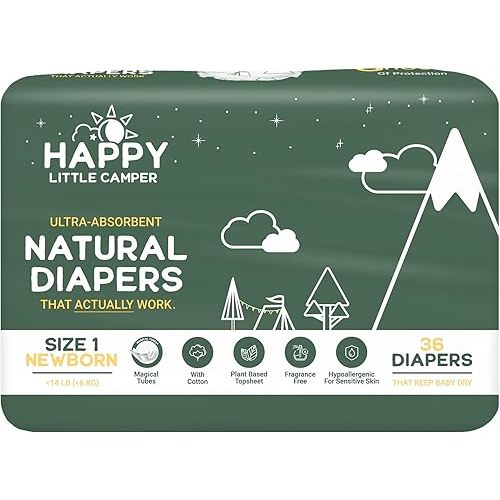 Happy Little Camper Ultra-Absorbent Natural Baby Diapers Size 1 - Hypoallergenic & Chlorine-Free Disposable Diapers Safe for Sensitive Skin - Unscented Newborn Diapers - 36 Count