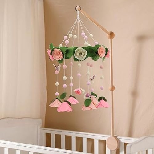 Flower Mobile for Crib - a Beautiful Felted Rose Mobile with Butterfly Detail on Green Leaves to go with Butterfly Nature and Floral Baby Nursery Decor