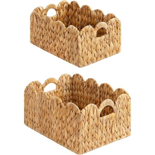 StorageWorks Scalloped Wicker Basket, Woven Baskets for Storage, Rattan Baskets with Handles, Paper Rope Basket for Organizing and Decor, 2 Pack