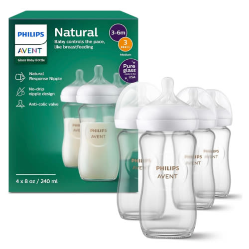 Philips Avent Natural Glass Baby Bottles with Natural Response Nipples (Slow Flow, Flow 2), 8oz, 4-Pack, SCY910/04