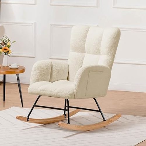 COMHOMA Nursery Rocking Chair, Teddy Upholstered Glider with Side Pockets, Accent Chair with High Backrest Reading Chair for Adult, Nursery, Bedroom, Living Room,Offices(Beige)