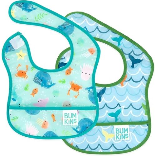 Bumkins Bibs, for Baby Girl or Boy, Infant 3-9 Months, Essential Must Have for Eating, Feeding, Baby Led Weaning Supplies, Mess Saving Waterproof Soft Fabric, Starter Bib 2-pk Blue Ocean Life