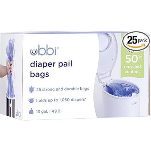 Ubbi Diaper Pail Plastic Bags, Disposable Baby Waste Bags, Single Pack, 25 Count, 13-Gallon Bags
