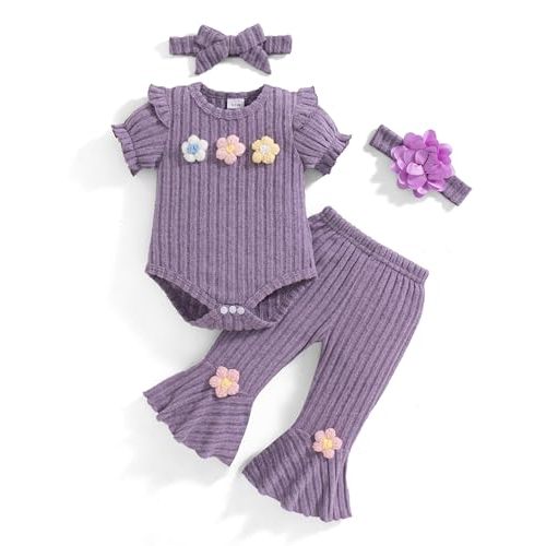 Vibebox Baby Girl Clothes Newborn Preemie Summer Outfits Short Sleeve Ruffle Romper Tops Bell Bottoms Pant Sets with Headband