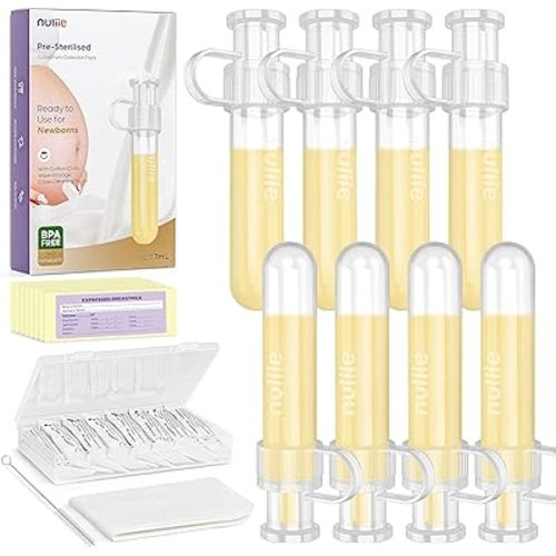 Nuliie Colostrum Collector Kit 7ml/8pcs, Leakproof, Reusable Breast Milk Collector, Heat & Freezer Resistant, BPA-Free, With Cotton Cloth Wipe, Storage Case, Cleaning Brush - Ready-to-Use for Newborns
