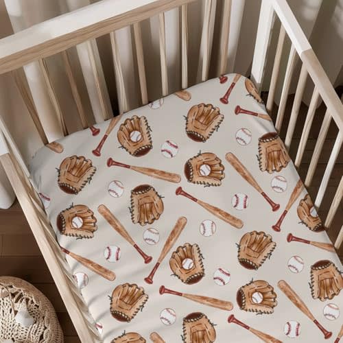 Watercolor Baseball Gloves Pattern Baby Sheets for Crib, Unisex Sport Theme Nursery Fitted Bed Sheet for Boys Girls Standard Crib and Toddler Mattress-28x52