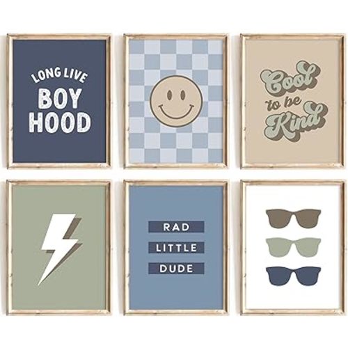 Boy Nursery Wall Art Decor Toddler Baby Boy Room Canvas Pictures Blue Cool Nursery Poster Teen Playroom Prints Long Live Boyhood Artwork for Kids Bedroom 8x10 Inch Unframed Set of 6