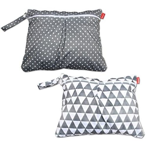 Damero 2pcs Travel Wet and Dry Bag with Handle for Cloth Diaper, Pumping Parts, Clothes, Swimsuit and More, Easy to Grab and Go (Small, Gray Triangle+ Gray Dots)
