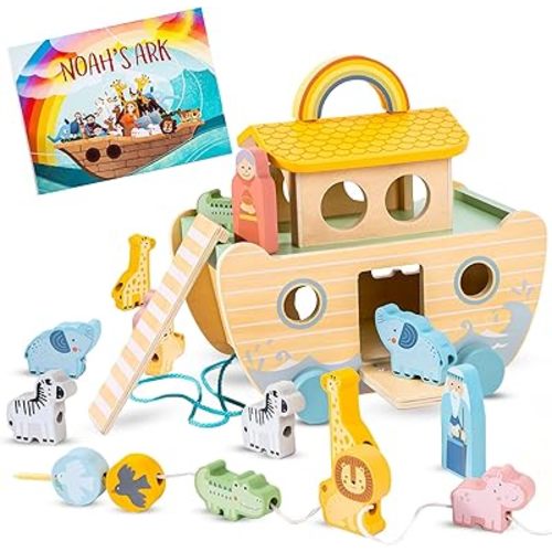 Wooden Noah’s Ark Toy - Baptism Gifts for Baby Girl, Boys & Kids | Fun Colorful Christening & Baptismal Gifts for Boys & Girls | Christian & Catholic Baby Gifts | Noahs Ark Toys for Toddlers from 2