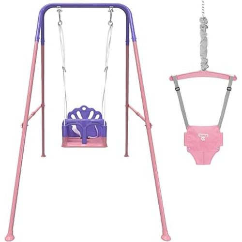 Foldable Toddler Swing Set and Baby Jumper, Indoor & Outdoor Use, Baby Bouncer Jumper, Safe and Durable Swing Set for Backyard （Pink）