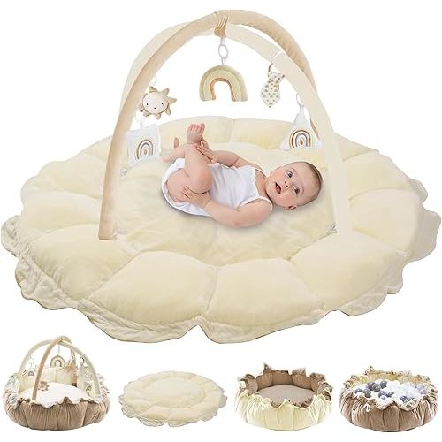 5-in-1 Convertible Baby Play Gym with 6 Toys, Tummy Time Mat for Sensory Development, Baby Activity Center from Newborn to Toddler, Ball Pit, Cat & Dog Bed, Soft Plush Pet Bed, No Ball Included Cream