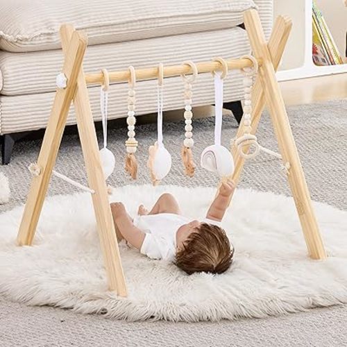 Foldable Wooden Baby Play Gym, Activity Center with 6 Sensory Hanging Toys Natural Wood Montessori Toys for Babies Indoor Gym, No-Tool Assembly Newborn for Infant Motor Development