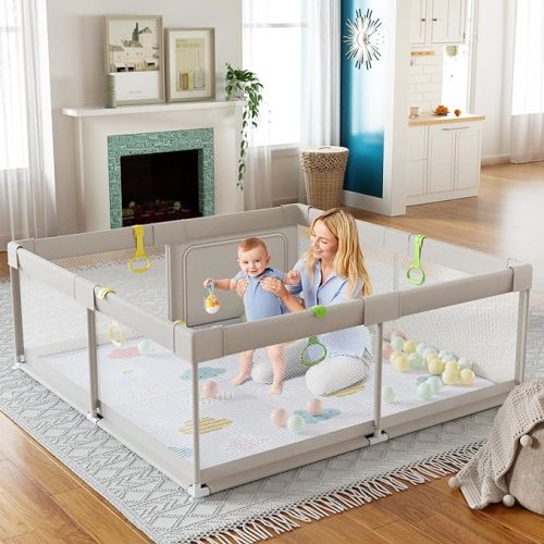 Fodoss Baby Playpen with Mat, 59x59in Playpen for Babies and Toddlers, Kids Play Pen, Extra Large Baby Fence for Infants with Playmates, Toddler Playard