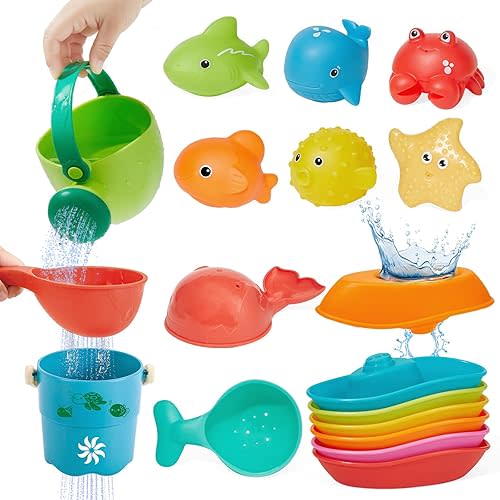 Baby Bath Toys for Kids, 16PCS Mold Free Bathtub Water Play Toys with Floating Boats Bucket Watering Can Spoons and Storage Bag, No Holes Animal Floating Pool Toys for Babies and Toddlers