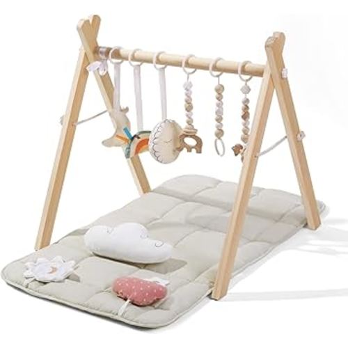 Foldable Baby Play Gym with Mat, Wooden Play Gym with 9 Sensory Toys, Frame Activity Center, Natural Pine Wood, Montessori Toys, Easy to Assemble & Clean, Natural Color