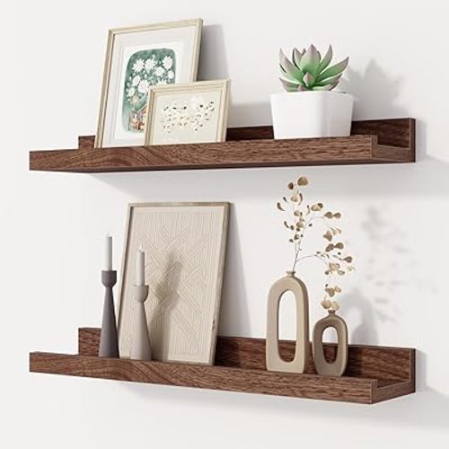 Floating Picture Ledge Shelves Set of 2, 16 Inch Solid Wood Wall Shelves with Lip, Large Nursery Book Shelf for Toys Storage, Kids Bookshelf, Living Room, Bedroom Decor Frames, Walnut Color