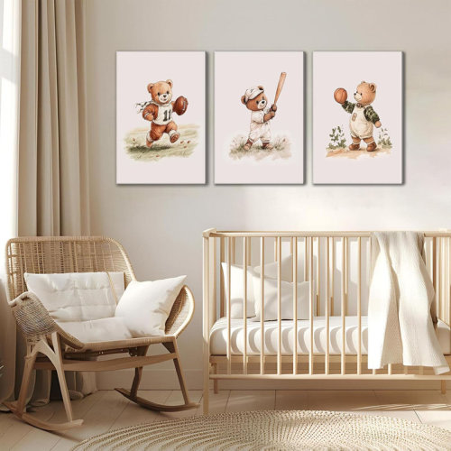Trinx Nursery Bear Wall Art Boy Sports Canvas Wall Decor Nursery Animal Prints Teddy Bear Pictures Painting Football Basketball Football Kids Room Prints Artwork For Children Bedroom Playroom 12X16 Inch | Wayfair