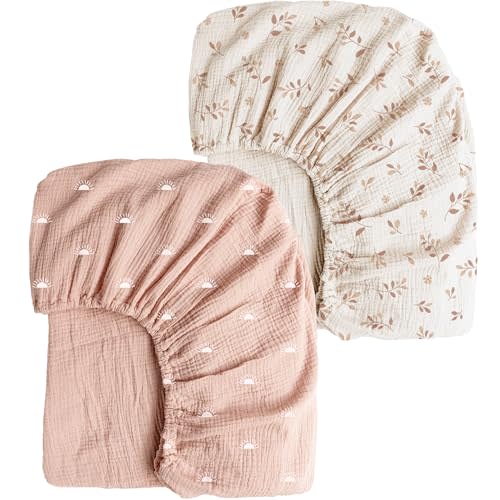 Konssy Muslin Crib Sheets for Girl Boy, 2 PCS Soft and Breathable Cotton Baby Sheets for Standard Crib Mattress, 52"x 28" (Pink Sun,Khaki Leaf)