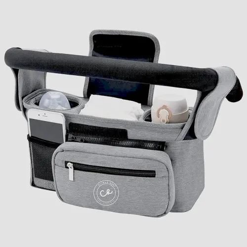 Universal Stroller Organizer - Insulated Stroller Cup Holder Detachable Front Bag With Shoulder Strap - Smart Parent Stroller Bag Organizer - Compact Design Fits Most Baby Stroller Pet Stroller (Gray)