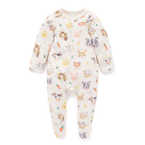 White Farm Friends Thick Zip Growsuit - Baby Growsuits - Purebaby - Purebaby
