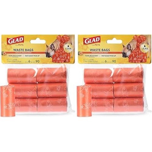 GLAD for Pets Large Dog Waste Bags, Scented, Tear-Resistant, 6 Rolls | Heavy Duty Dog Poop Bags for Fast and Easy Dog Waste Cleanup | 6 Rolls Waste Bags, 90 Bags Total (Pack of 2) FF19546