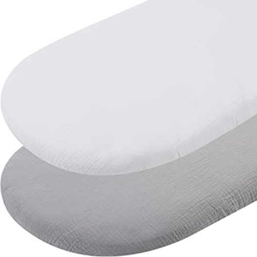 Muslin Bassinet Sheets 2 Pack Set for Baby Boy and Girl, 100% Muslin Cotton Fitted Sheet for Oval Hourglass and Rectangular Bassinet Mattress, Grey and White