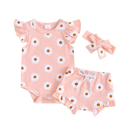 Hnyenmcko Newborn Baby Girl Clothes Daisy Print Fly Sleeve Romper Ruffle Bloomer Shorts Headband Set Infant Summer Outfits