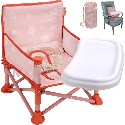 Tiny Marvels Portable 3-in-1 Baby Booster Seat, Cozy Floor Seat, Feeding Seat with Tray, Compact Foldable Toddler Booster with Child Safety Belt Carry Bag, Perfect for Travel (Blush Petals)