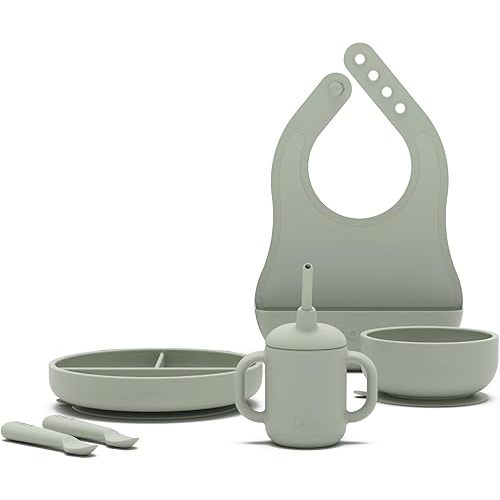 Lalo First Bites Silicone Baby Feeding Set - Baby Led Weaning Supplies - Non-Toxic Silicone - Includes 1 Bib, 2 Spoons, Training Cup, Suction Plate and Bowl - 6 Pieces - Sage