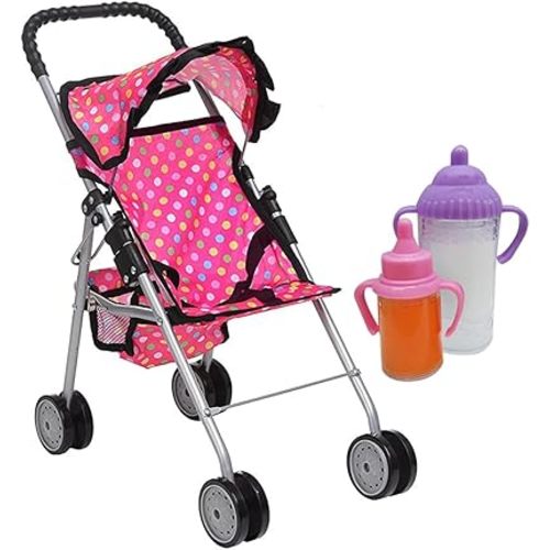 fash n kolor® - Doll Stroller My First Baby Doll Strollers Toy - Flower Design with Basket in The Bottom- Doll Accessories 2 Free Magic Bottles Included (Polka Dot)