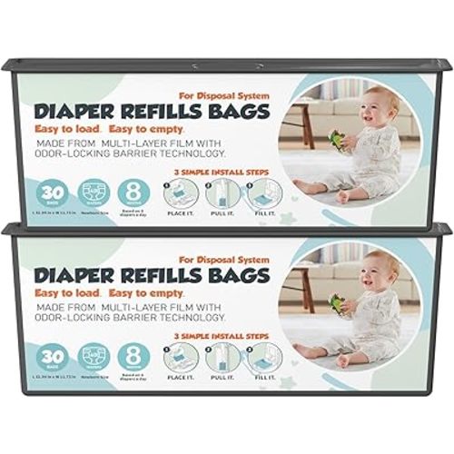 Diaper Pail Refills Bags with 30 Bags Compatible with Genie Easy Roll Signature and Platinum Diaper Pails, 7-Layer Odor-Barrier Technology, 2 Pack (60 Bags)