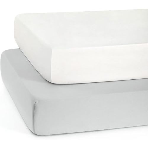 TILLYOU Baby Crib Sheets for Boys Girls, Fitted Crib Sheet 2 Pack for Standard Crib and Toddler Mattresses, Super Soft Toddler Bed Sheets, 28"x52"x8", White & Gray