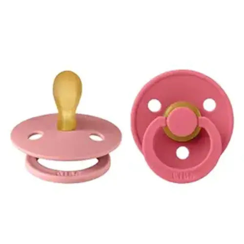 BIBS Pacifiers 0-6 Months | Colour Collection 2-Pack | BPA-Free Symmetrical Natural Rubber Nipple | Made in Denmark | Dusty Pink/Coral Color Pacifier
