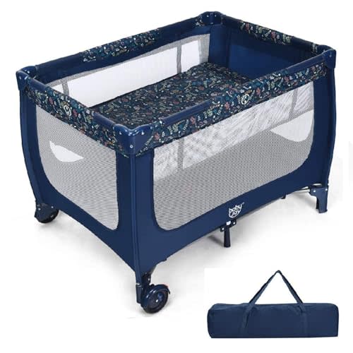 BABY JOY Portable Playard with Bassinet, Double Layer Foldable Baby Playpen with Breathable Mattress, Lightweight Easy Set up Baby Crib with Carry Bag, Foldable Travel Crib from Newborn to Toddlers