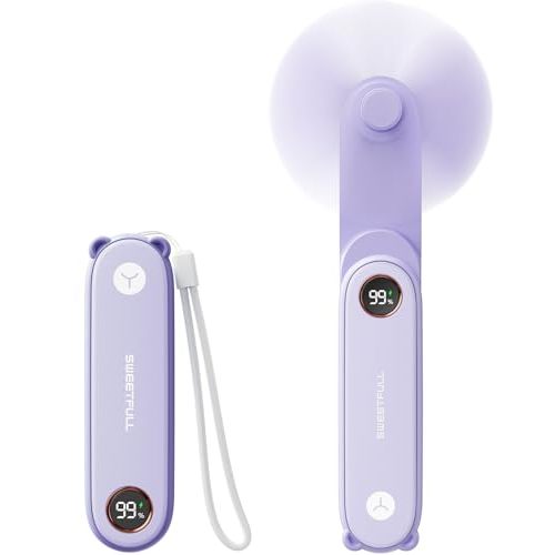 SWEETFULL Portable Handheld Mini Fan with LED Display, 3-in-1 Personal Foldable USB Rechargeable Hand Held Fan & Flashlight for Travel, Lash Eyelash, Cute Small Pocket for Women, Girls