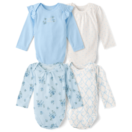 Baby Girls Floral Bow Bodysuit 4-Pack - Blue