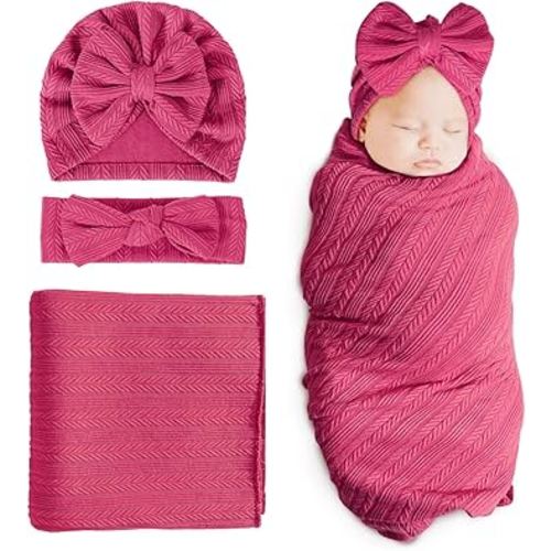 DRESHOW BQUBO Newborn Receiving Blanket Toddler Warm for Girls with Bow Hat and Bow Headband Shower Gift