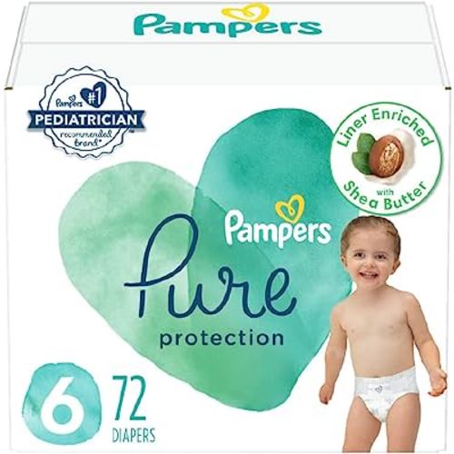 Diapers Size 6, 72 Count - Pampers Pure Protection Disposable Baby Diapers, Hypoallergenic and Unscented Protection, Enormous Pack (Packaging & Prints May Vary)