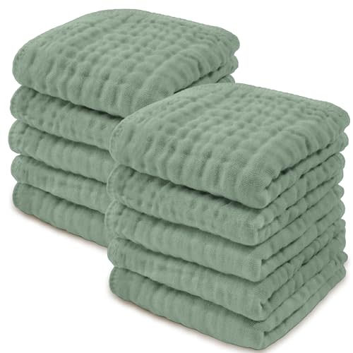 Baby Washcloths, Muslin Cotton Baby Towels 10 Pack -Large 10”x10” Wash Cloths Soft on Sensitive Skin, Absorbent for Boys & Girls, Newborn Baby & Toddlers Bibs & Burp Cloths Essentials Set, Fern