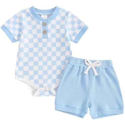Newborn Baby Boy Girl Clothes Set Ribbed Short Sleeve Striped Romper Top Solid Color Shorts Sets 2Pcs Summer Outfits