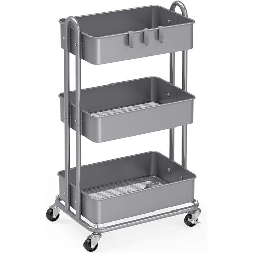 Simple Houseware Heavy Duty 3-Tier Metal Utility Rolling Cart, Silver
